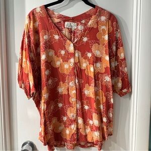 GUC Waiwaolani Floral Button-Up Top - Red and Orange